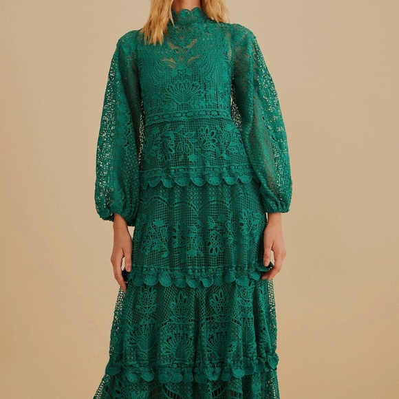 Farm Rio Dark Green Guipure Long Sleeve Maxi Dress - Picture 3 of 3